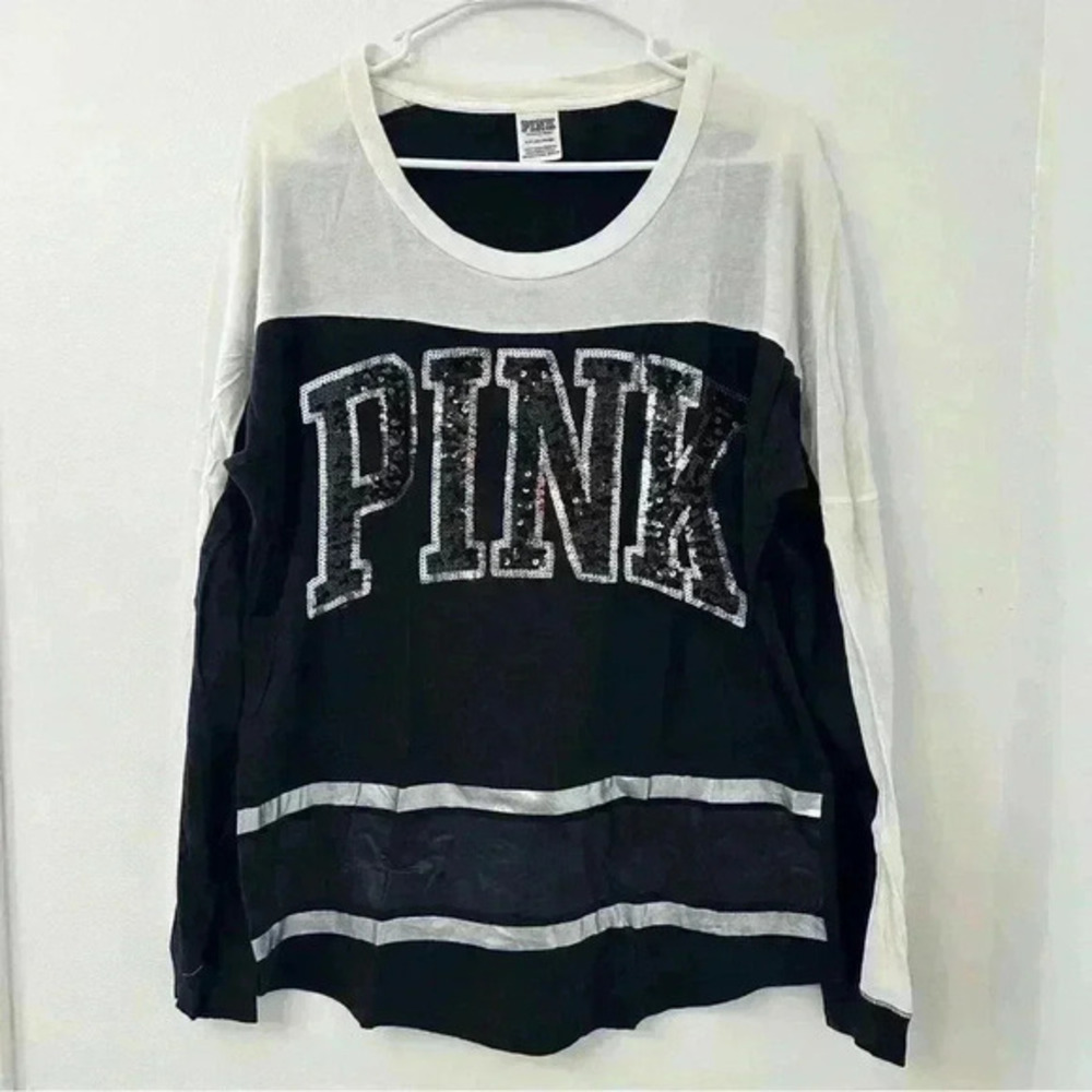 PINK Victoria Secret Long Sleeve Crewneck Women’s Sz Small Bling Black and White
